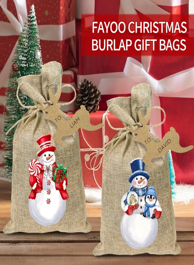 Fayoo 24Pcs Christmas Small Burlap Gift Bags with Drawstring, Xmas Snowman Treat Candy Bag with Tags Holiday Goody Gift Bags Reusable Linen Gift Wrapping Bags for Christmas Party Favors (12 Designs, 7 x 5 Inch) - Image 4